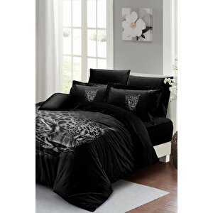 King Size Çift Kişilik Nevresim Takımı Pamuk Saten 3d Özel Tasarım Black Leopar