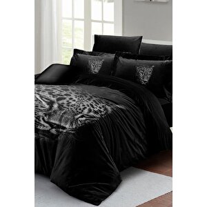 King Size Çift Kişilik Nevresim Takımı Pamuk Saten 3d Özel Tasarım Black Leopar