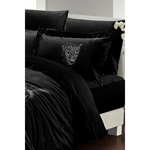 King Size Çift Kişilik Nevresim Takımı Pamuk Saten 3d Özel Tasarım Black Leopar