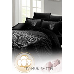 King Size Çift Kişilik Nevresim Takımı Pamuk Saten 3d Özel Tasarım Black Leopar