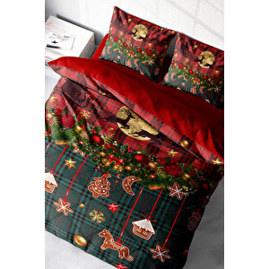 King Size Yılbaşı Nevresim Takımı Çift Kişilik %100 Pamuk Saten Christmas Decorations