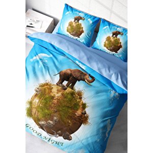 King Size Fil Dünyası 3d Pamuk Saten Çift Kişilik Nevresim Takımı