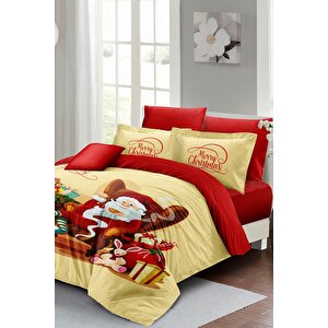 King Size Yılbaşı Süsü Noel Baba Noel %100 Pamuk Saten 3d Çift Kişilik Nevresim Takımı