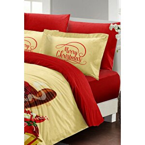 King Size Yılbaşı Süsü Noel Baba Noel %100 Pamuk Saten 3d Çift Kişilik Nevresim Takımı