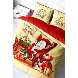 King Size Yılbaşı Süsü Noel Baba Noel %100 Pamuk Saten 3d Çift Kişilik Nevresim Takımı