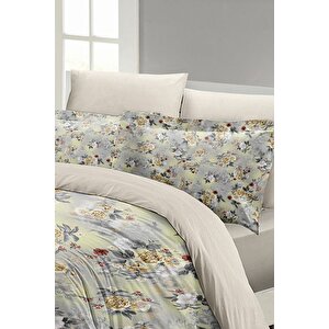 King Size Grey Yellow Roses Luxury Çift Kişilik Pamuk Saten Nevresim Takımı