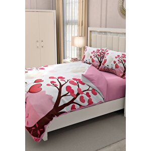 King Size Sevgililer Günü Çift Kişilik Nevresim Takımı%100 Pamuk Saten Dilek Ağacı