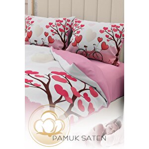 King Size Sevgililer Günü Çift Kişilik Nevresim Takımı%100 Pamuk Saten Dilek Ağacı