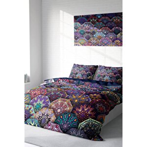King Size Ethnic Purple 3d Pamuk Saten Çift Kişilik Nevresim Takımı