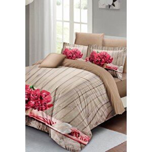 King Size Pink Flowers Çift Kişilik Nevresim Takımı 3d Pamuk Saten