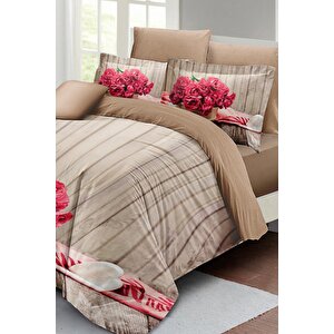 King Size Pink Flowers Çift Kişilik Nevresim Takımı 3d Pamuk Saten