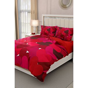 King Size Sevgililer Günü Çift Kişilik Nevresim Takımı%100 Pamuk Saten 3d Kırmızı Aşkına