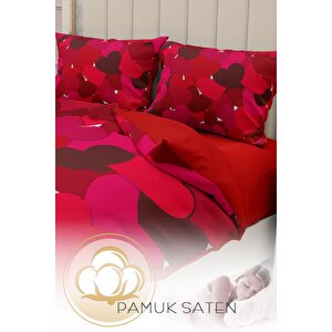 King Size Sevgililer Günü Çift Kişilik Nevresim Takımı%100 Pamuk Saten 3d Kırmızı Aşkına