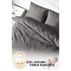 King Size Gri Lux Pamuk Ranforce Çift Kişilik Nevresim Takımı