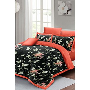 King Size Black Somon Flower Çift Kişilik Nevresim Takımı 3d Pamuk Saten