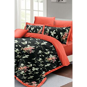 King Size Black Somon Flower Çift Kişilik Nevresim Takımı 3d Pamuk Saten
