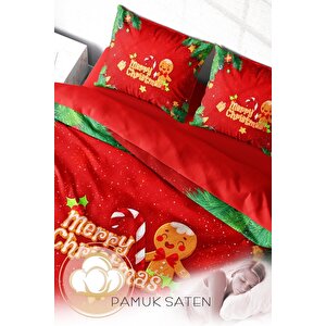 King Size Yılbaşı Süsü Merry Christmas Çift Kişilik 3d Nevresim Takımı Pamuk Saten Cookie