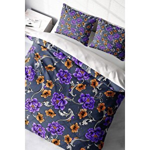 King Size Purple Floral Naturel Çift Kişilik Nevresim Takımı