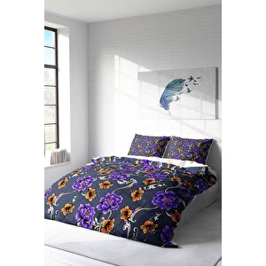 King Size Purple Floral Naturel Çift Kişilik Nevresim Takımı