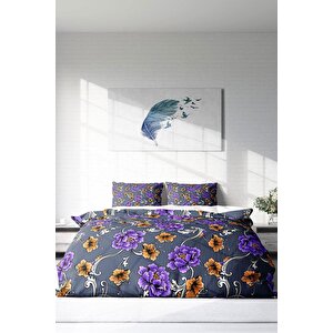 King Size Purple Floral Naturel Çift Kişilik Nevresim Takımı