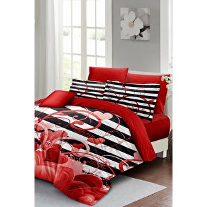 King Size Sevgililer Günü Çift Kişilik Nevresim Takımı%100 Pamuk Saten Fantastic Love