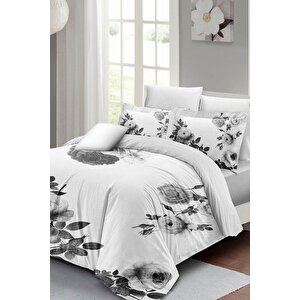 King Size Black White Flower Çift Kişilik Nevresim Takımı 3d Pamuk Saten