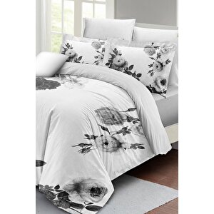 King Size Black White Flower Çift Kişilik Nevresim Takımı 3d Pamuk Saten