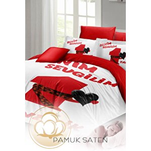 King Size Sevgililer Günü Çift Kişilik Nevresim Takımı%100 Pamuk Saten Bitanecik Sevgilim