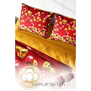 King Size Emoji In Red 3d Pamuk Saten Çift Kişilik Nevresim Takımı