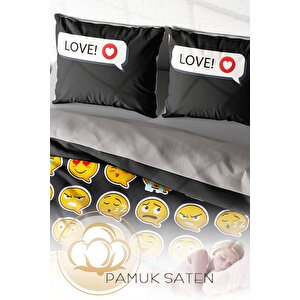 King Size I Love Emoji 3d Pamuk Saten Çift Kişilik Nevresim Takımı