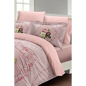 King Size Çift Kişilik Nevresim Takımı %100 Pamuk Saten Damascus Rose
