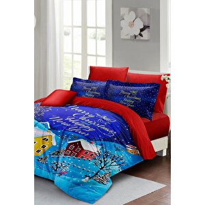King Size Yılbaşı Süsü Snow Noel %100 Pamuk Saten 3d Çift Kişilik Nevresim Takımı