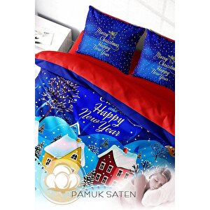 King Size Yılbaşı Süsü Snow Noel %100 Pamuk Saten 3d Çift Kişilik Nevresim Takımı