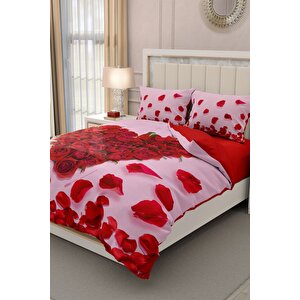 King Size Sevgililer Günü Çift Kişilik Nevresim Takımı%100 Pamuk Saten 3d Gül Aşkı