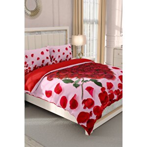 King Size Sevgililer Günü Çift Kişilik Nevresim Takımı%100 Pamuk Saten 3d Gül Aşkı