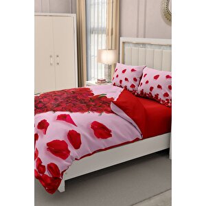 King Size Sevgililer Günü Çift Kişilik Nevresim Takımı%100 Pamuk Saten 3d Gül Aşkı