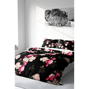 King Size Black Flower Pamuk Saten Çift Kişilik Nevresim Takımı 3d