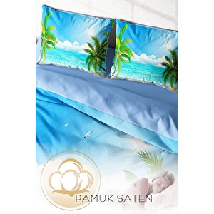 King Size Palm 3d Pamuk Saten Çift Kişilik Nevresim Takımı