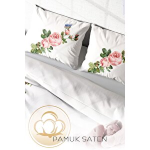 King Size Flower-white Naturel Çift Kişilik Nevresim Takımı
