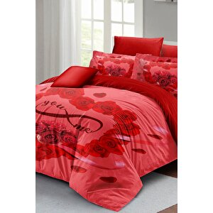 King Size Sevgililer Günü Çift Kişilik Nevresim Takımı%100 Pamuk Saten You&me