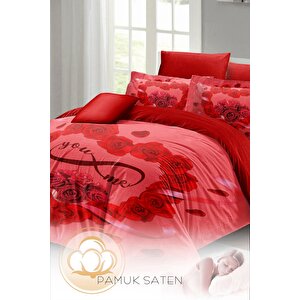 King Size Sevgililer Günü Çift Kişilik Nevresim Takımı%100 Pamuk Saten You&me