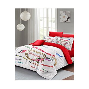 King Size Sevgililer Günü Çift Kişilik Nevresim Takımı%100 Pamuk Saten Her Dilde Aşk