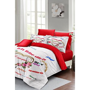 King Size Sevgililer Günü Çift Kişilik Nevresim Takımı%100 Pamuk Saten Her Dilde Aşk