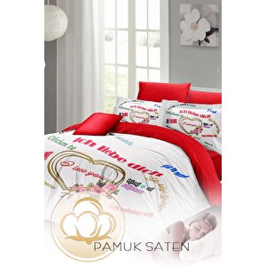 King Size Sevgililer Günü Çift Kişilik Nevresim Takımı%100 Pamuk Saten Her Dilde Aşk