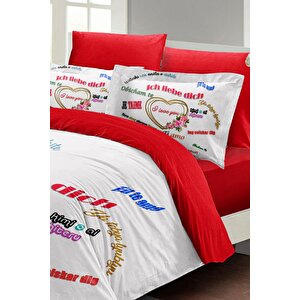 King Size Sevgililer Günü Çift Kişilik Nevresim Takımı%100 Pamuk Saten Her Dilde Aşk