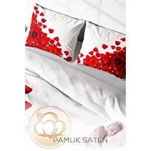 King Size Beyaz Güller 3d Pamuk Saten Çift Kişilik Nevresim Takımı