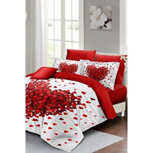 King Size Red Love 3d Pamuk Saten %100 Pamuk Çift Kişilik Nevresim Takımı
