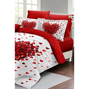 King Size Red Love 3d Pamuk Saten %100 Pamuk Çift Kişilik Nevresim Takımı