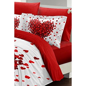 King Size Red Love 3d Pamuk Saten %100 Pamuk Çift Kişilik Nevresim Takımı