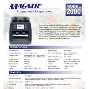 Magner 2000v Banknot Sayma Tanıma Ve Tasnif Makinası  47 Ülke Parası
